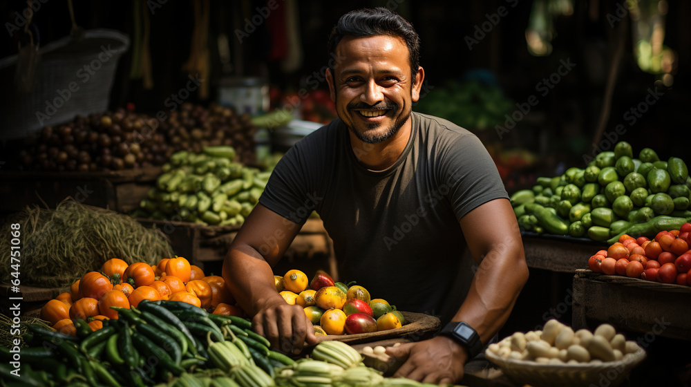 Happy young man selling vegetable on cart