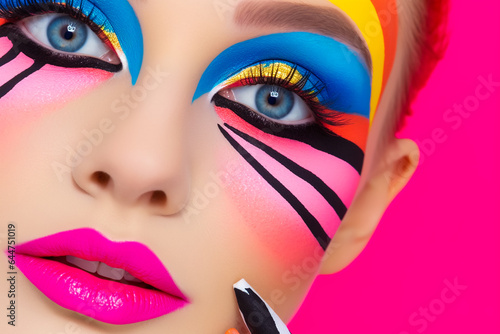 Beauty Portrait With Colorful Makeup. Vivid Colors. AI Generated