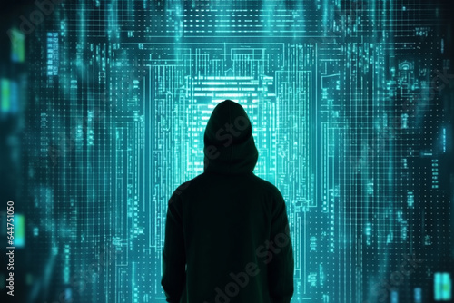  hacker silhouette. computer code. Faceless male hacker in front of animated computer code. hacker front of his computer committing digital cybercrime. Generative AI