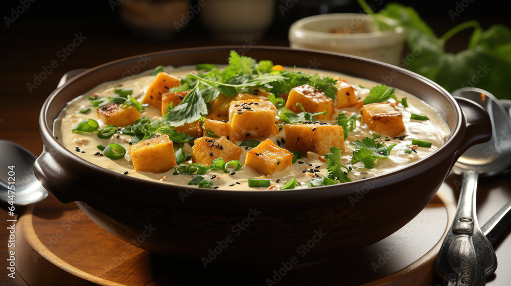 Indian curry shahee paneer in bowl top view