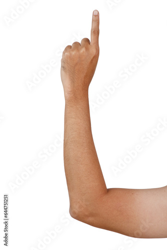 Male asian hand gestures isolated over the white background. pointing action.