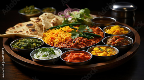 Indian food curry, plate with palak paneer, rice with dal on wooden background