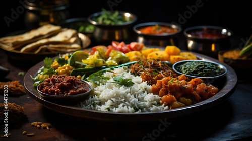 Indian food curry, plate with palak paneer, rice with dal on wooden background