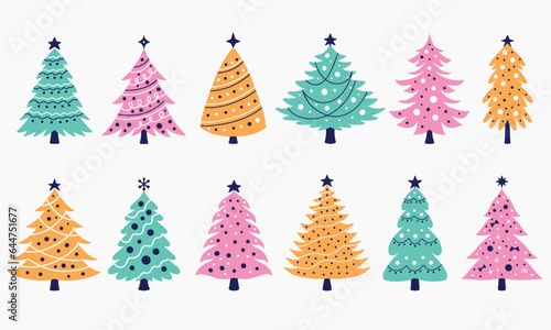 Set of different Christmas trees. Flat style.