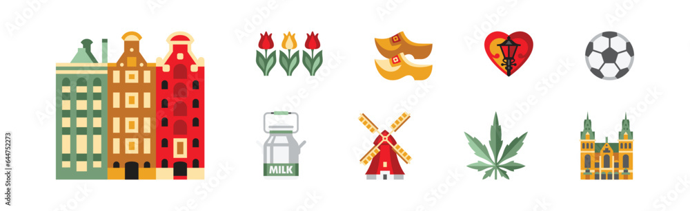 Dutch Culture Icons and Signs of Holland Vector Set