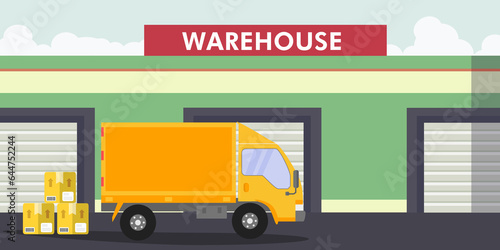 Logistica dello stoccaggio di un camion refrigerato - illustrazioni Auto magazzino pacchi photo