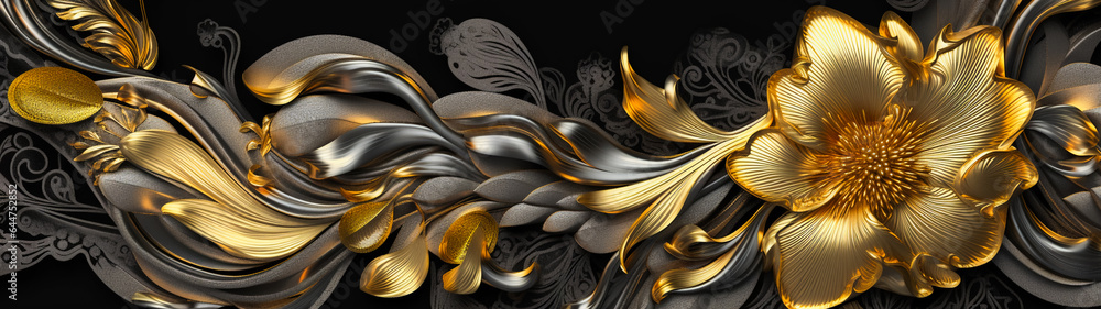 Black and gold, luxury background, floral shapes, black silk. AI Generated