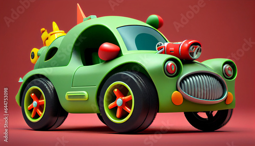 Green toy car and red background
