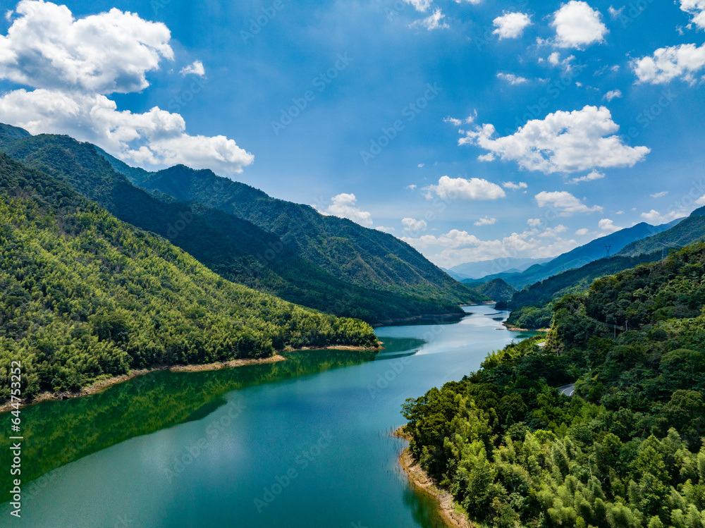 Aerial photography of large reservoirs in the mountains