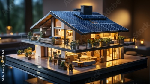 Wide banner with copyspace area of futuristic generic smart home with solar panels roofing system for sustainable energy concepts..