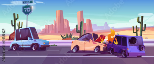 Car crash on canyon desert highway. Vector cartoon illustration of two autos collision on road, fire and smoke above damaged hoods, cactus and stone rocks on background, traffic rules violation
