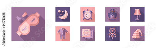 Sleep Time Flat Icons and Object in Square Shape Vector Set