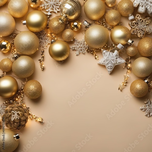 golden christmas decorations on a beige background, top view, flat lay, christmas concept.golden christmas decorations on a beige background, top view, flat lay, christmas concept.christmas background