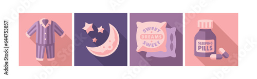 Sleep Time Flat Icons and Object in Square Shape Vector Set