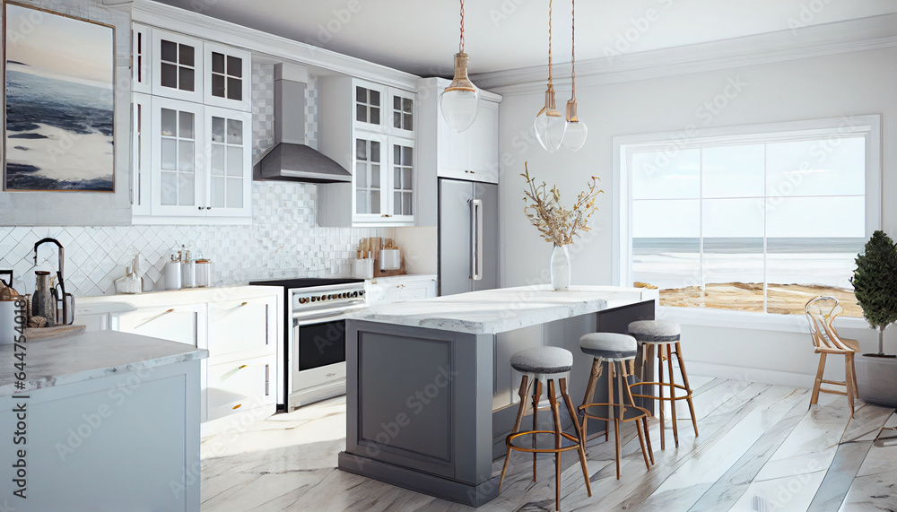 Fototapeta premium modern kitchen interior with, white theme and dining table 