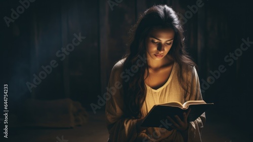 A young woman in a dark room reading the bible and praying.
