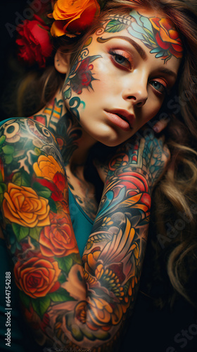 Vibrant Tattooed Beauty. Colorful Skin Art