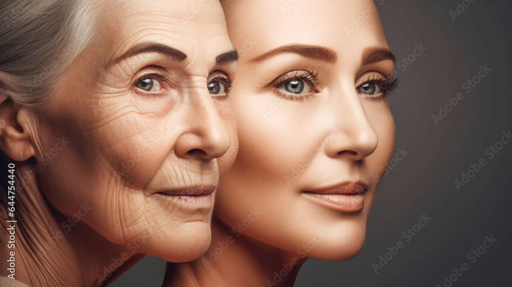 Faces of Young and Old Women. Concept Of Aging And Skin Care. AI Generated