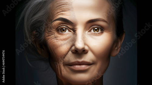 Faces of Young and Old Women. Concept Of Aging And Skin Care. AI Generated © EwaStudio