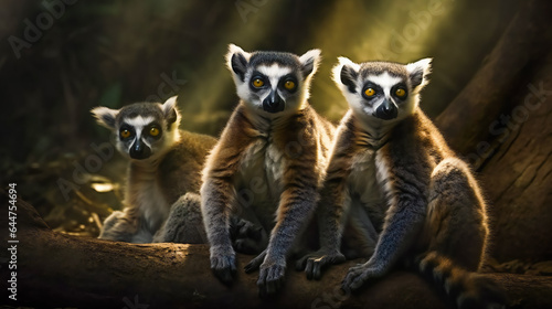 Curious Lemur Family Investigating Their Surroundings. Generative AI © EwaStudio