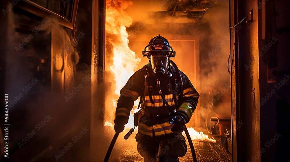 Brave Firefighter in Smoke. Dramatic Firefighting Scene Brave Firefighter in Smoke. Dramatic Firefighting Scene