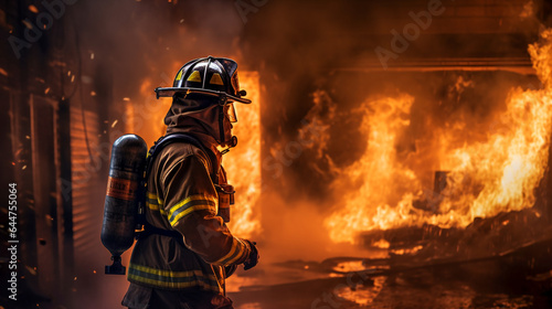 Brave Firefighter in Smoke. Dramatic Firefighting Scene