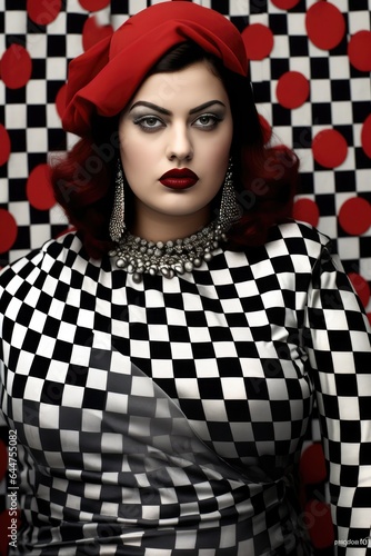 Fictional Character Created By Generated AI.Femme Fatale in a Polka Dot Bustier and Red Lips photo
