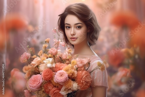 Fictional Character Created By Generated AI.Stunning Beauty Holding a Colorful Bouquet of Flowers