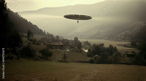 Generative AI, UFO over the Italian landscape vintage photo, aliens witnesses retro 1930s style photography 