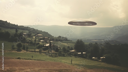 Generative AI, UFO over the Italian landscape vintage photo, aliens witnesses retro 1930s style photography 