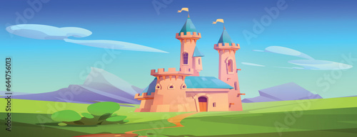 Fairytale medieval royal castle on natural landscape. Cartoon vector illustration of fantasy kingdom palace with flag on princess tower and path road to wooden gate. King building standing on meadow.