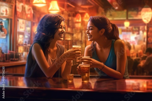 Fictional Character Created By Generated AI.Two women enjoying drinks and conversation at a bar
