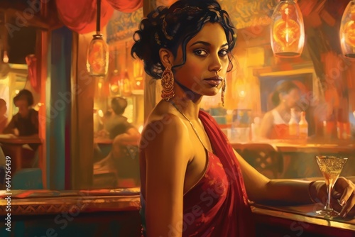 Fictional Character Created By Generated AI.Elegant woman in a red dress at a bar