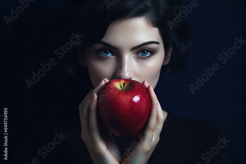 Fictional Character Created By Generated AI.Female Model Hiding Half of Her Face Behind an Apple