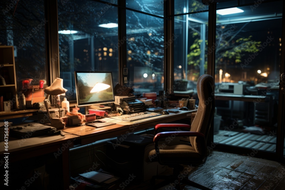 Office At Night With Warm Lighting, Generative AI