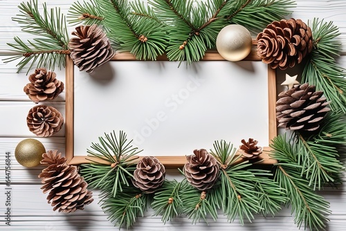 christmas background with pine branch, fir and christmas tree decorations on a wooden frame. top view. copy spacechristmas background with pine branch, fir and christmas tree decorations on a wooden f