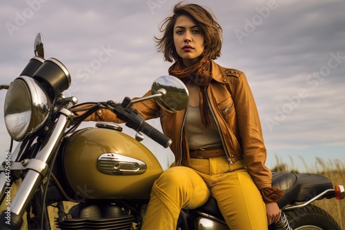 Fictional Character Created By Generated AI.A woman sitting on a motorcycle, posing for a picture © shelbys