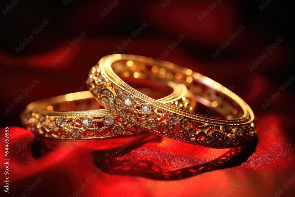 Beautiful gold wedding bands entwined on a red background Beautiful gold wedding bands entwined on a red background