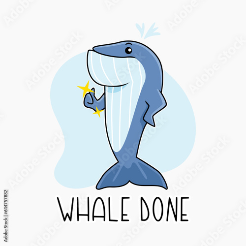whale cartoon character giving thumbs up, liking with text whale done. graphic vector illustration.
