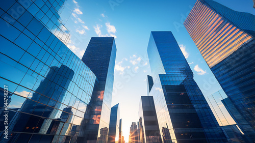 Glass-Encased Skyscrapers Framed by Azure Sky