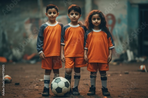 Fictional Character Created By Generated AI.Three young soccer players pose with a ball © shelbys