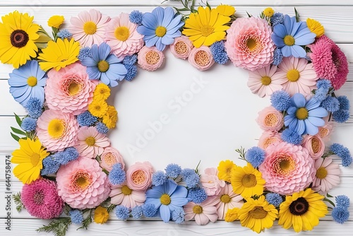 colorful floral frame with space for textcolorful floral frame with space for textbeautiful flowers in the frame on wooden background photo