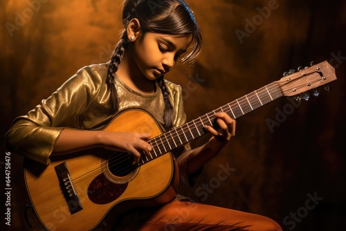 Fictional Character Created By Generated AI.The little girl playing the guitar