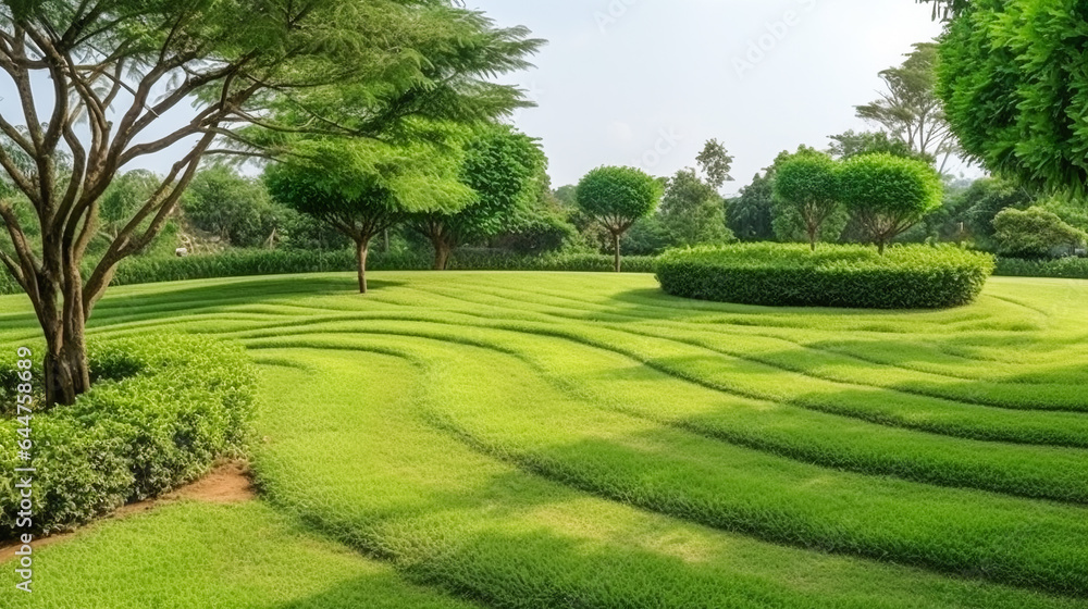 Green carpet grass smooth lawn in garden with row of bush and trees on the background. AI Generated