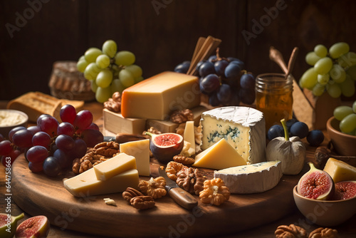 Gourmet cheese board with a variety of cheeses and accompaniments. Various types of cheese on a rustic table. AI Generated