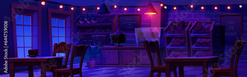 Night bakery shop interior with counter cartoon background. Lamp glow in cafe with cake and sweet pastry food. Donut and dessert showcase shelves furniture. Nobody in bread house in dark evening