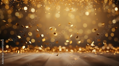 Golden confetti rain on festive stage background.