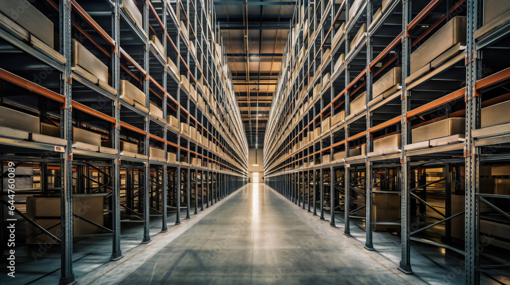 Fototapeta premium The Imposing Interior of a Massive Warehouse. Generative AI