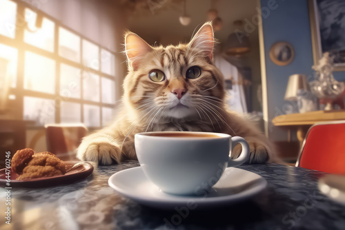 cat sits in a cafe and drink coffee in the morning