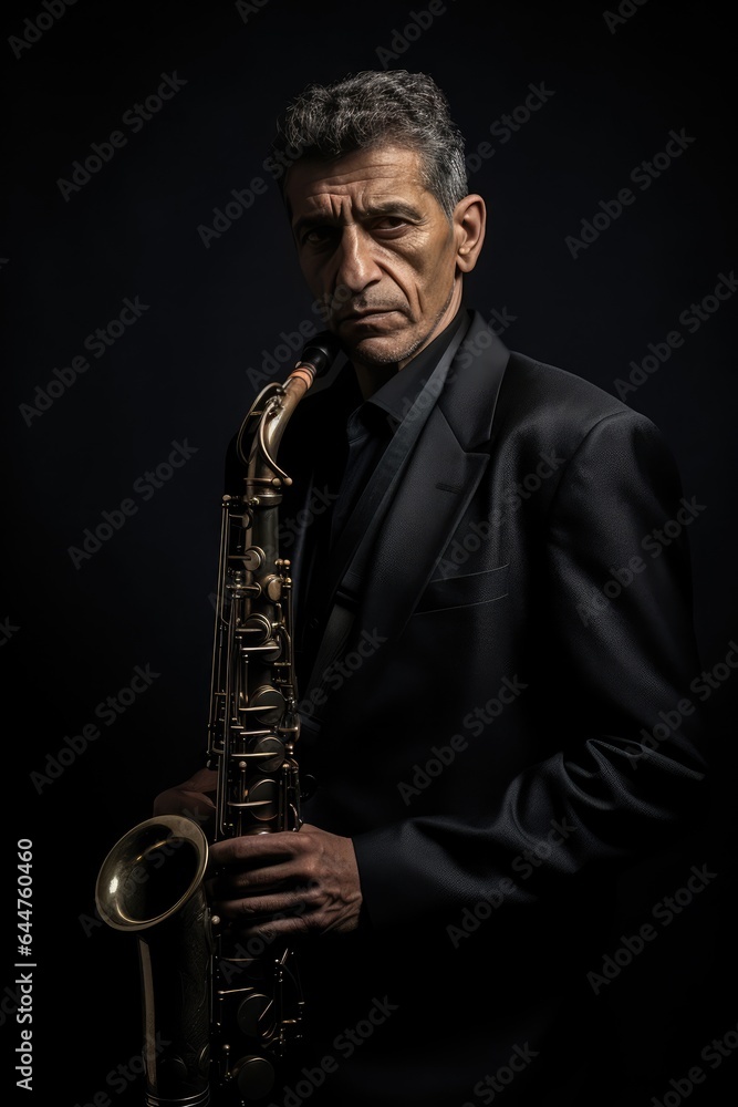 Naklejka premium Fictional Character Created By Generated AI.The Mysterious and Elegant Saxophonist